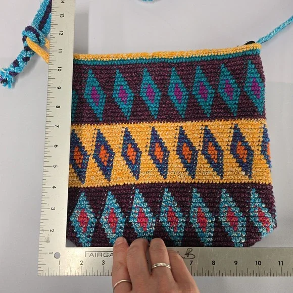 Handmade Crochet Shoulder Bag Boho Geometric Pattern Multicolor‎ Strap - Picture 4 of 7